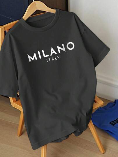 Manfinity Dauomo Camiseta casual de cuello redondo de manga corta con estampado de letras para hombre