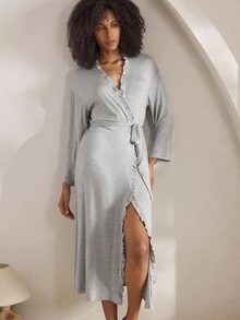 Ocili 休闲简约荷叶边长款系腰睡袍，女士家居服，时尚秋日睡袍，舒适长袖睡袍 - 灰色 - 查看 5