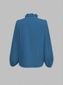 SHEIN LUNE 女士纯色荷叶边V领长袖休闲衬衫 - 中等水洗藍 - 查看 2