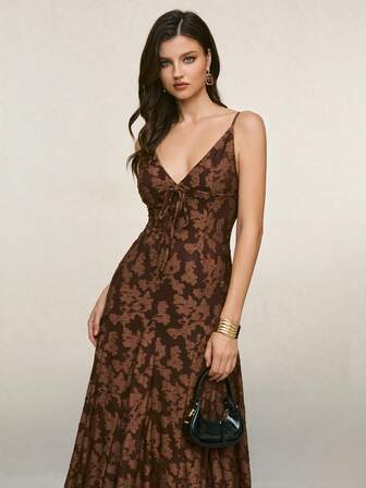 Poéselle 女士花卉提花前系带吊带连衣裙