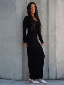 SAYEHFBABY Women's Fashionable Black Knit Long Sleeve Dress - Black - View 6