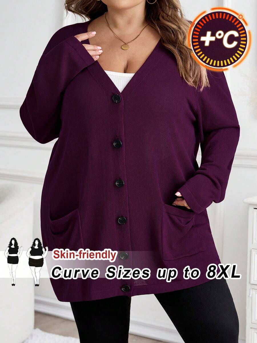 SHEIN CURVE+ Plus Size Women's Solid Color Autumn Purple Sweater Cardigan With Pockets, Holiday Set/Winter - Purple - View 1