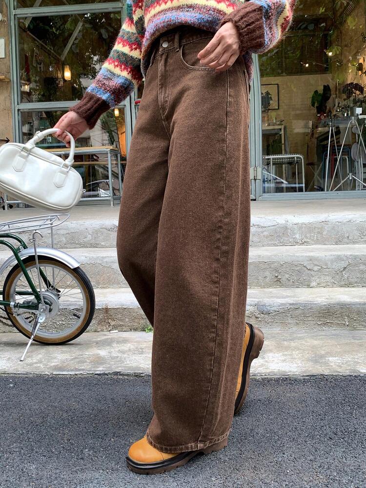 Women's Loose Straight Leg Brown Jeans, Casual Street Style