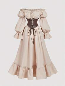 SHEIN MOD 复古皇家撞色收腰长裙，卡其色和棕色相间，饰有荷叶边，巴洛克风格，尽显奢华宫廷风范，适合约会、派对、生日、舞会、邮轮旅行、节日庆典等场合。 - 棕色 - 查看 1