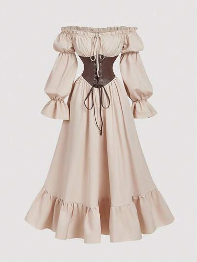 SHEIN MOD Vestido largo de cintura contrastada estilo vintage regal en caqui y marrón con volantes, estilo barroco, aspecto lujoso de la corte, para citas, fiestas, cumpleaños, bailes de graduación, ropa de crucero, atuendo de festival