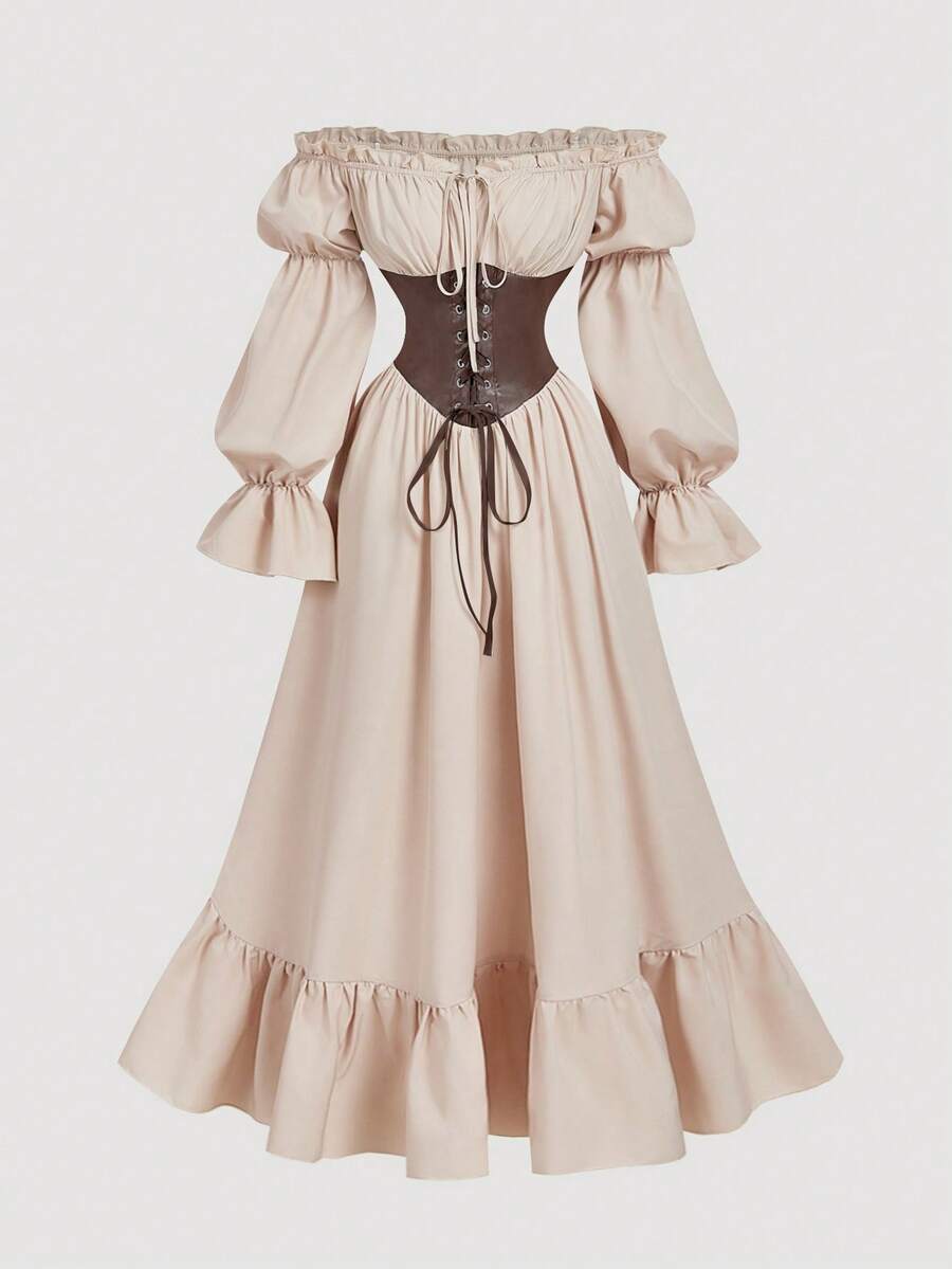 SHEIN MOD 复古皇家撞色收腰长裙，卡其色和棕色相间，饰有荷叶边，巴洛克风格，尽显奢华宫廷风范，适合约会、派对、生日、舞会、邮轮旅行、节日庆典等场合。 - 棕色 - 查看 1