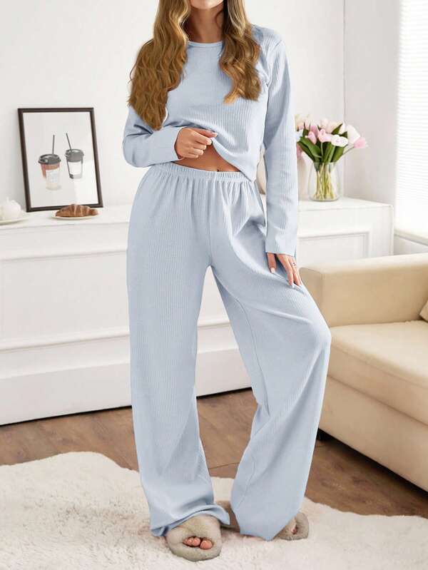 EURMUSE Damen 2 Stücke Rippstrick Set mit Rundhalsausschnitt Langarm Oberteil & Hose, Homewear Komfort Loungewear Set