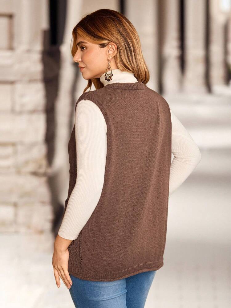 Plus Size Women Casual Solid Color Double Pocket Knitted Vest/,Spring
