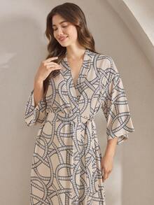 Ocili 休闲舒适简约链条印花棉混纺中袖系带睡袍，女士睡袍，时尚秋冬款 - 卡其色 - 查看 4