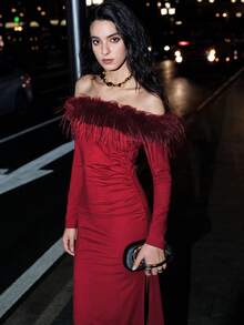 SHEIN LUNE Women's Elegant Fashion Holiday Party Evening Cocktail Date Night Dress With Shiny Waist Twist Ruched Flounce Decor Bodycon Slim Fit Long Sleeve - Burgundy - View 8
