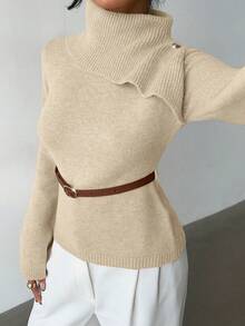 Elenzga Khaki Elegant Flared Sleeve Niche Design Collar, Paired With Brown Metal Fashionable Belt, Women Sweater For Autumn/Winter - Khaki - View 5