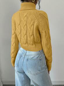 Selianne Women's Solid Color High Neck Raglan Sleeve Cropped Casual Sweater - Yellow - View 2