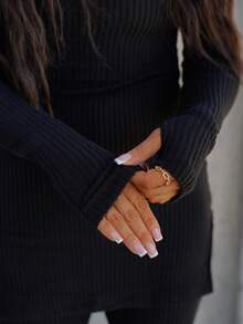 SAYEHFBABY 2pcs Simple Style Women Stand Collar Long Sleeve Top And Pants Set - Black - View 3