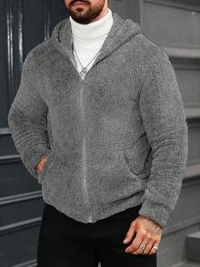 Manfinity CasualCool Men's Solid Color Long Sleeve Zip-Up Hooded Fleece Jacket, Autumn/Winter Fur Hoodie Zip Up Grey Zip Up Hoodie Grey Cardigan Grey Jacket - Light Grey - View 6