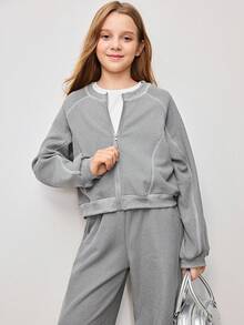 Tween Girls' Casual Contrast Stitching Sweatshirt Jacket And Pants Set - Grey - View 5