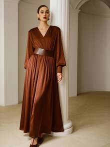 ZEYLAH Autumn/Winter Wide Waistband Slimming Fashionable Long Dress For Women - Coffee Brown - View 2
