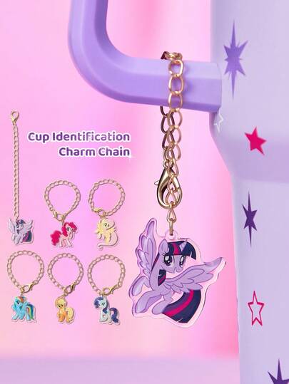 My Little Pony X SHEIN 6 قطع إكسسوارات إشارات أكريليك كرتونية جميلة، سلسلة تميز مقبض الكوب المخصص، مناسبة لأكواب المياه ذات المقابض، للمكتب والمنزل وحفلات عيد الميلاد، تصميمات سبارك وبينكي باي وراينبو داش