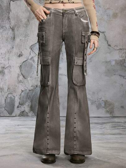 Fairycore Jeans cargo slim taille basse évasé pour femmes, style rétro Y2K