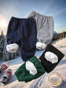 SHEIN 4件套男婴可爱保暖纯色弹力腰保暖内衬裤子，黑、绿、灰、蓝，秋冬百搭下装，适合幼儿园、滑雪户外男婴裤子冬季 - 彩色 - 查看 11