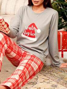 Set de pijamale din bumbac pentru femei, 2 piese, cu imprimeu de Crăciun și pantaloni cu mânecă lungă, pentru casă