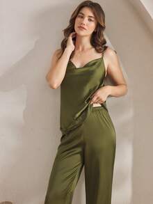 Ocili 2 件套休闲缎面蕾丝简约垂坠领吊带背心和裤子睡衣套装，舒适女士睡衣 FrenchElegance - 墨綠色 - 查看 5
