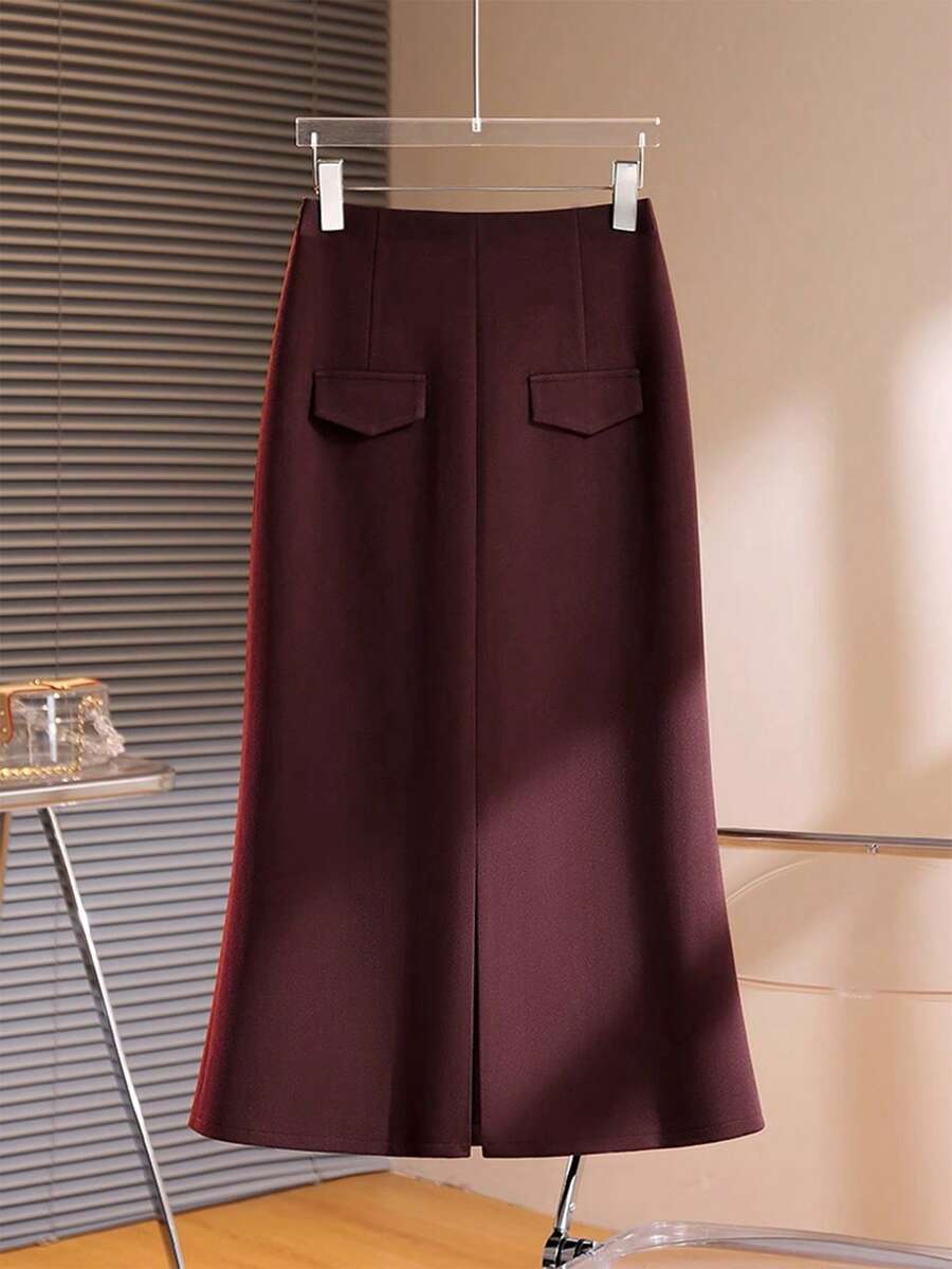 INAWLY Women's Solid Color Slit Hem Elegant Commuter Mermaid Skirt - Burgundy - View 1