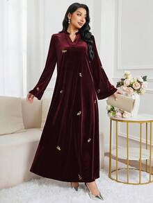 Al Najma V-Neck Embroidered Velvet Elegant Dress With Refined Charm