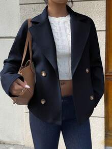 Flirla Apricot Lapel Collar, Double-Breasted Button, Pockets, Long Sleeve, Short Coat, Fashion, Commute, Office, Casual, Elegant, Retro, Academic, Daily, Date, Women, Autumn/Winter - Navy Blue - View 3