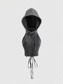 ROMWE Grunge Punk Punk Apocalyptic Wasteland Music Festival Hooded Backless Drawstring Design Fitted Cropped Women Tank Top - Black - View 4