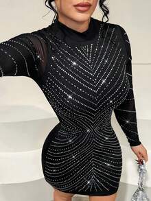 SHEIN SXY Women's Long Sleeve Fitted Mesh Rhinestone Black Sexy Dress, Elegant Dresses ,Xwys5 Discount Code ,Rhinestone Dress,Diamond Dress,Glam Dress For Women ,Sparkly, Slaydiva Dresses ,Jwoww, Bodycon Dress,New Year, Party ,Elegant ,Sexy ,Shiny Dress,Black,Party Dresses For Women,Party Dresses For Women,Dresses For Women Party - Black - View 4
