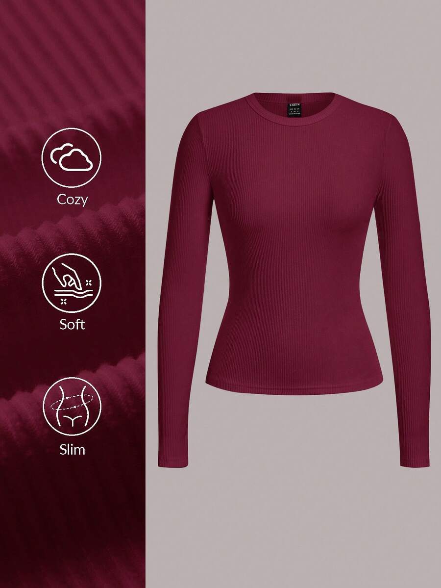 SHEIN BASICS Áo thun cổ tròn tay dài màu trơn đơn giản dành cho nữ - Màu Đỏ Sâu - Xem 1