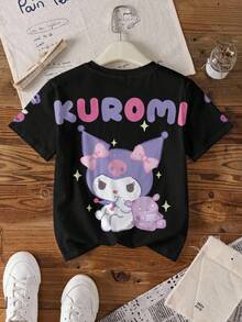 HELLO KITTY AND FRIENDS | SHEIN 少女休闲日常通勤时尚可爱卡通字母图案短袖黑色T恤，夏季 - 白色 - 查看 1