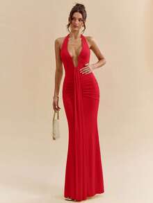 SHEIN BAE 黄色奶油色性感深V领优雅吊带长裙，适合春夏穿着 - 紅色 - 查看 4