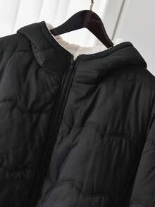 SHEIN CURVE+ Veste à capuche à zip avant manches longues pour femmes grande taille, porter décontracté au quotidien, doublure thermique épaisse pour l'hiver - Noir - Voir 5