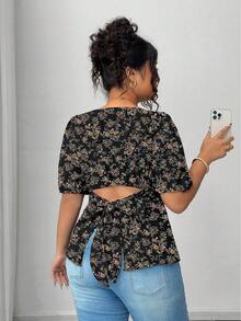 Elenzga Plus Size Casual Ditsy Floral Shirt With Tie-Back Design - Multicolor - View 2