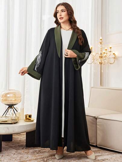 Al Najma Women's Color Block Abaya Robe With Embroidery, Casual Loose Fit Plus Size