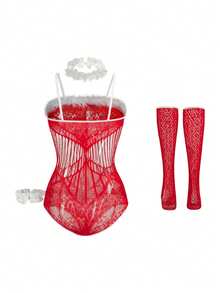 ChaseTheNight 5 Stücke/Set Sexy Frauen Netzstrumpfhose Set, Weihnachten - Rot - Übersicht 7