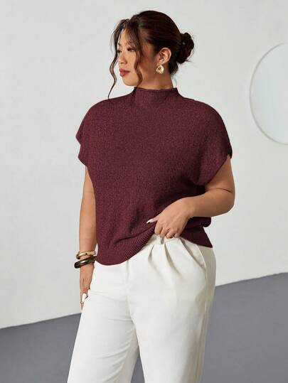 Firerie Women's Elegant Casual Commuting Office Wear, Apricot Gray Multi-Color Long Sleeve High Neck Loose Casual Versatile Knit Sweater Vest, Women Clothes Dresses For Women, All-Match Tops, Teacher Outfits, Clothes Burgundy Summer Spring