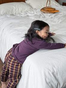 DAZY 2件套女婴纯色长袖上衣和格子休闲裤家居服套装，幼儿女童服装 - 紫色 - 查看 2