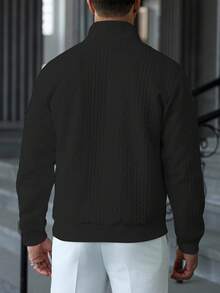 Manfinity CasualCool 男士休闲纯色纹理半拉链四分之一拉链卫衣，男士秋季新款纯色简约休闲拉链四分之一拉链套头卫衣，男士百搭单品，适合日常通勤、旅行、商务休闲场合，长袖上衣 - 黑色 - 查看 2