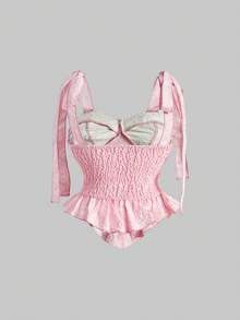 ROMWE Kawaii Áo cánh buộc phía trước bằng vải satin ren Victoria cổ điển dành cho nữ, màu hồng bồng bềnh - Nhiều màu - Xem 2
