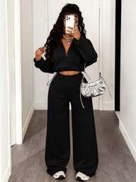 BamGleam Women's Solid Color Long Sleeve Zip-Up Cropped Hoodie And Wide Leg Pants Casual 2 Pieces Set, Autumn/Winter