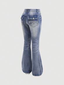 Girlism 少女刺绣线条图案蓝色牛仔低腰弹力紧身喇叭牛仔裤 - 淺色水洗藍 - 查看 4