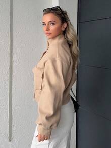 Jeta Ari Solid Color Stand Collar Pocket Short Jacket For Women,Fall Clothes - Apricot - View 5