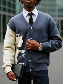 Manfinity Roghcode Men's Fashionable Casual Contrast Color Long Sleeve Button-Up Cardigan Men Knitted Set Clothes Man Men 90s Fashion Cashmere Men Clothing Men Fall Collection Fall Winter Men's Cardigans Sweater - Grey - View 1