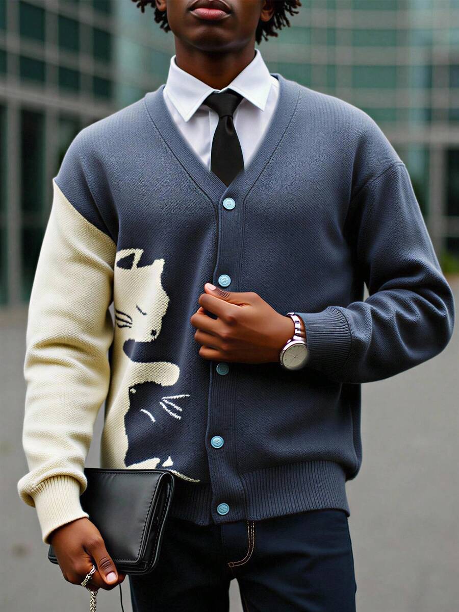Manfinity Roghcode Men's Fashionable Casual Contrast Color Long Sleeve Button-Up Cardigan Men Knitted Set Clothes Man Men 90s Fashion Cashmere Men Clothing Men Fall Collection Fall Winter Men's Cardigans Sweater - Grey - View 1