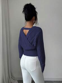 SHEIN Elenzya 女士V领长袖收腰露背时尚毛衣，秋冬款 - 藏蓝色 - 查看 2