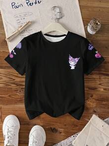 HELLO KITTY AND FRIENDS | SHEIN 少女休闲日常通勤时尚可爱卡通字母图案短袖黑色T恤，夏季 - 白色 - 查看 7