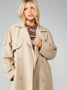 MISSGUIDED Classic Double-Breasted Trench Coat With Wide Lapels And Belt For Professional Business Casual Autumn Winter Outerwear - Khaki - View 3