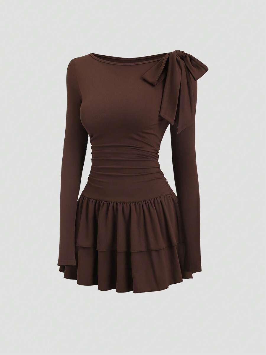 Sweetra Women's Elegant Ruffle Hem Crew Neck Long Sleeve Fitted Casual Commuter Dress, Autumn/Winter